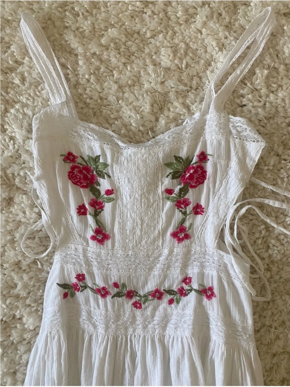 For Love And Lemons White Midi Dress with Pink Rose Embroidery Size Large - Picture 6 of 7